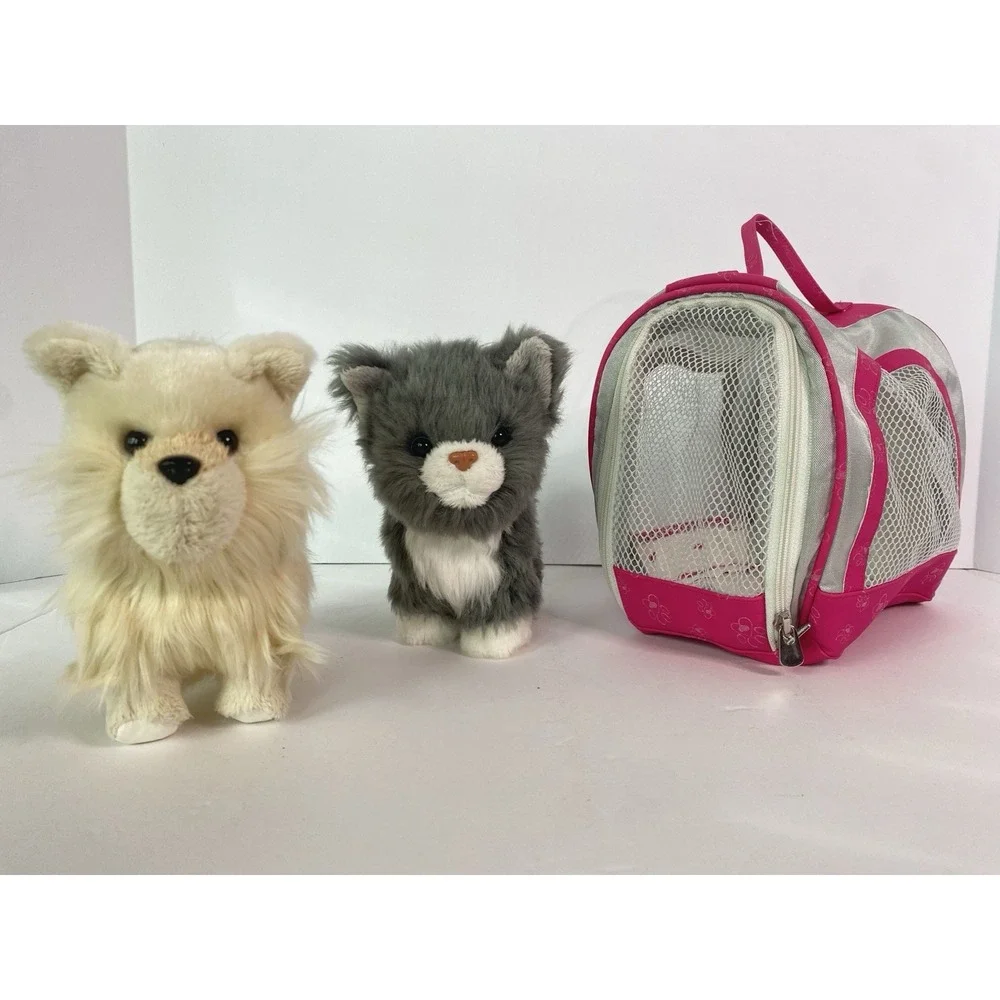 American Girl Doll Posable Pomeranian Tan Dog Puppy & Gray Cat Kitty w/ Carrier